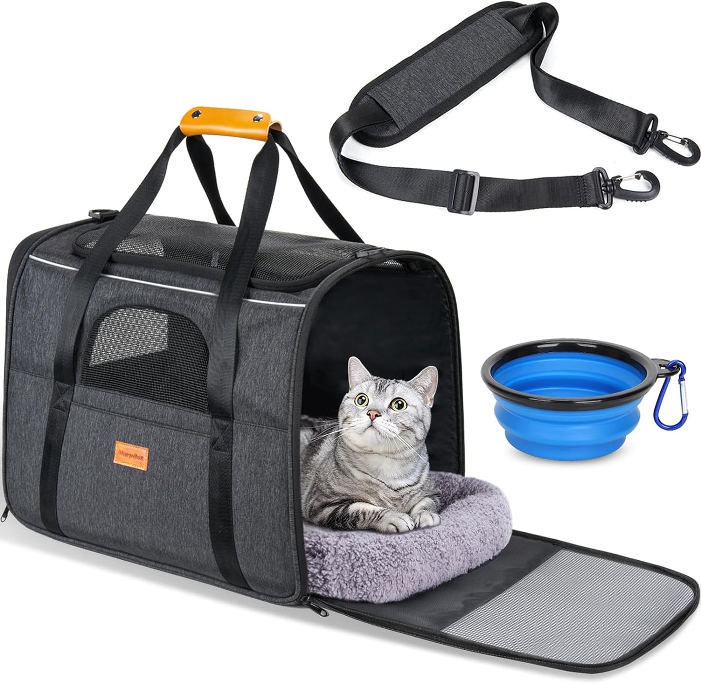 Cat Carrier - Cat Carrier Soft for Medium or Large Cats up to 20Lbs, with Dual-Sided Cushion, Secure Buckle and Foldable Bowl, Dog Carriers for Small Dogs - Pet Carrier (Dark Gray)